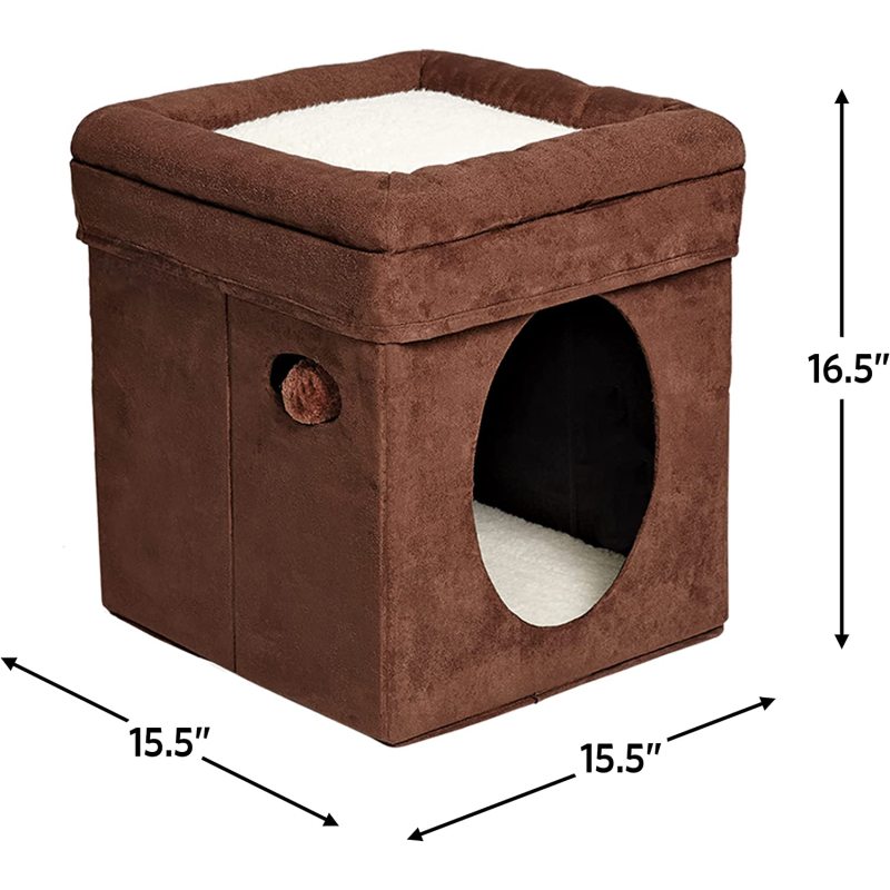 Pets Cat Condo | Tri-Level Design in Brown Faux Suede & Synthetic Sheepskin