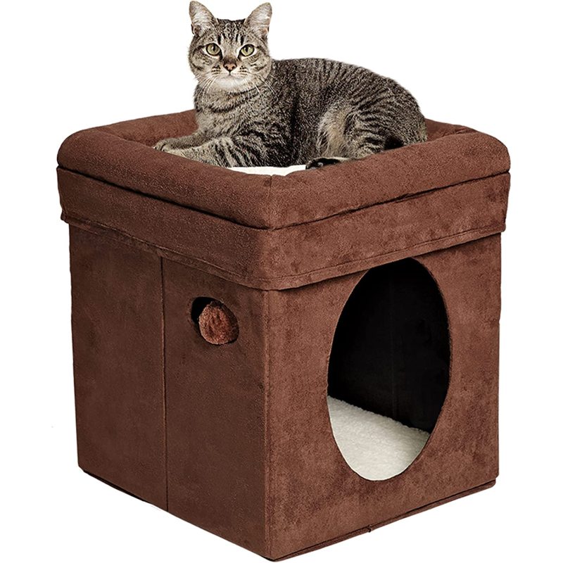 Pets Cat Condo | Tri-Level Design in Brown Faux Suede & Synthetic Sheepskin