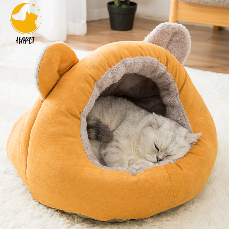 Soft Plush Cat Cave with Removable Washable Cushioned Pillow Roomy Bear Cat House