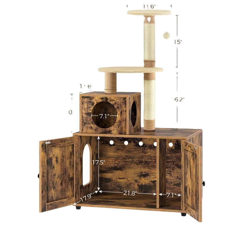 Cat Litter Box Enclosure Hidden Washroom Furniture with Divider, Wooden House with Tree Tower  Enlarged