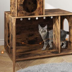 Cat Litter Box Enclosure Hidden Washroom Furniture with Divider, Wooden House with Tree Tower  Enlarged