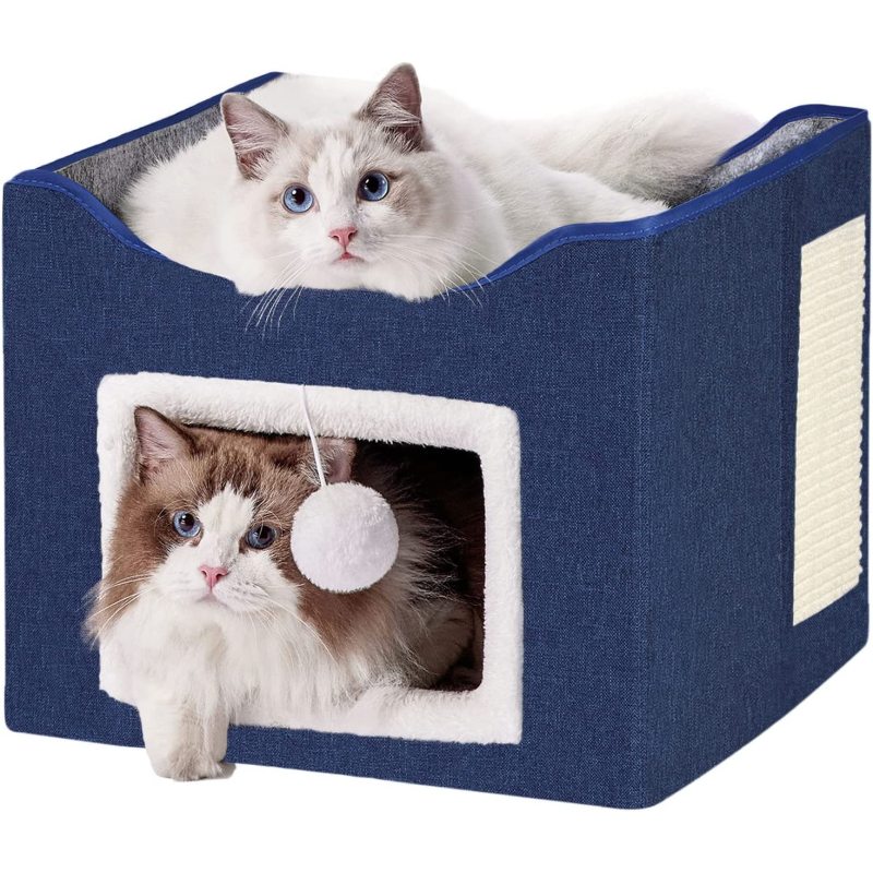 Foldable Cube Cat Houses with Fluffy Ball Hanging and Scratch Pad for Pet Cat House