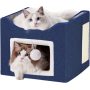 Foldable Cube Cat Houses with Fluffy Ball Hanging and Scratch Pad for Pet Cat House