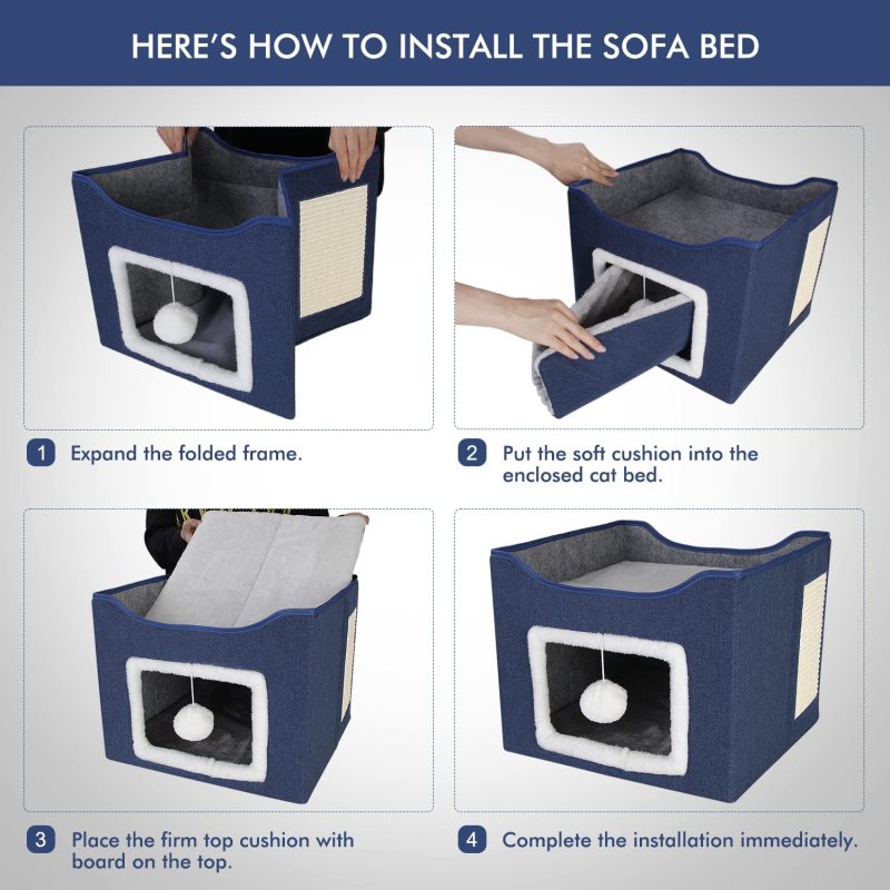 Foldable Cube Cat Houses with Fluffy Ball Hanging and Scratch Pad for Pet Cat House