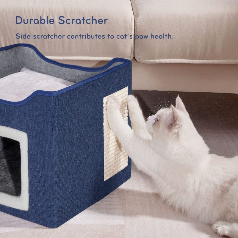 Foldable Cube Cat Houses with Fluffy Ball Hanging and Scratch Pad for Pet Cat House