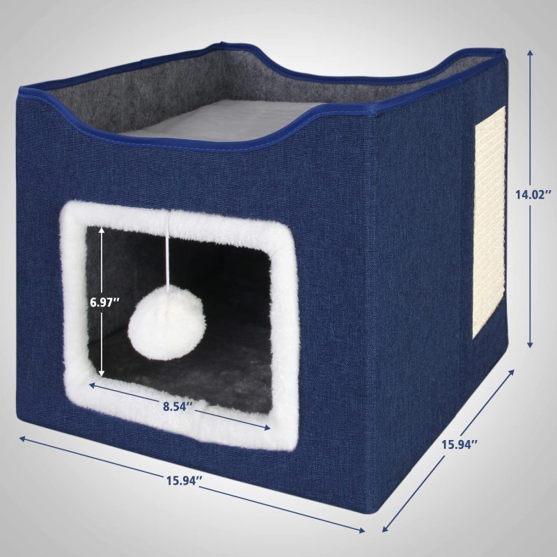 Foldable Cube Cat Houses with Fluffy Ball Hanging and Scratch Pad for Pet Cat House