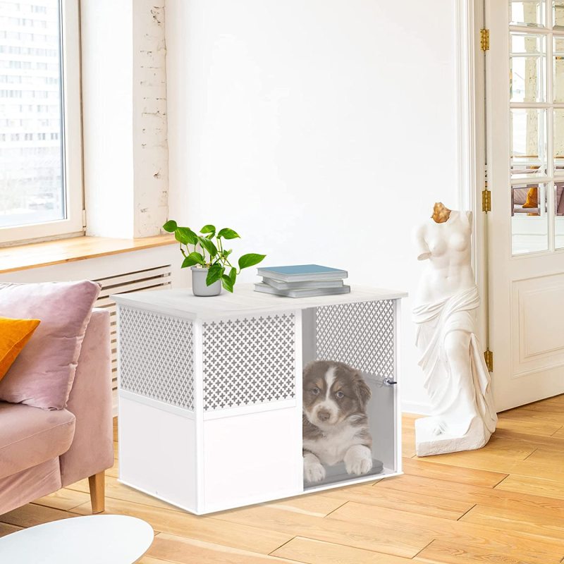 Indoor Pet Kennel with Lockable Acrylic Sliding Door Dog Cage End Table Furniture for Medium Dogs