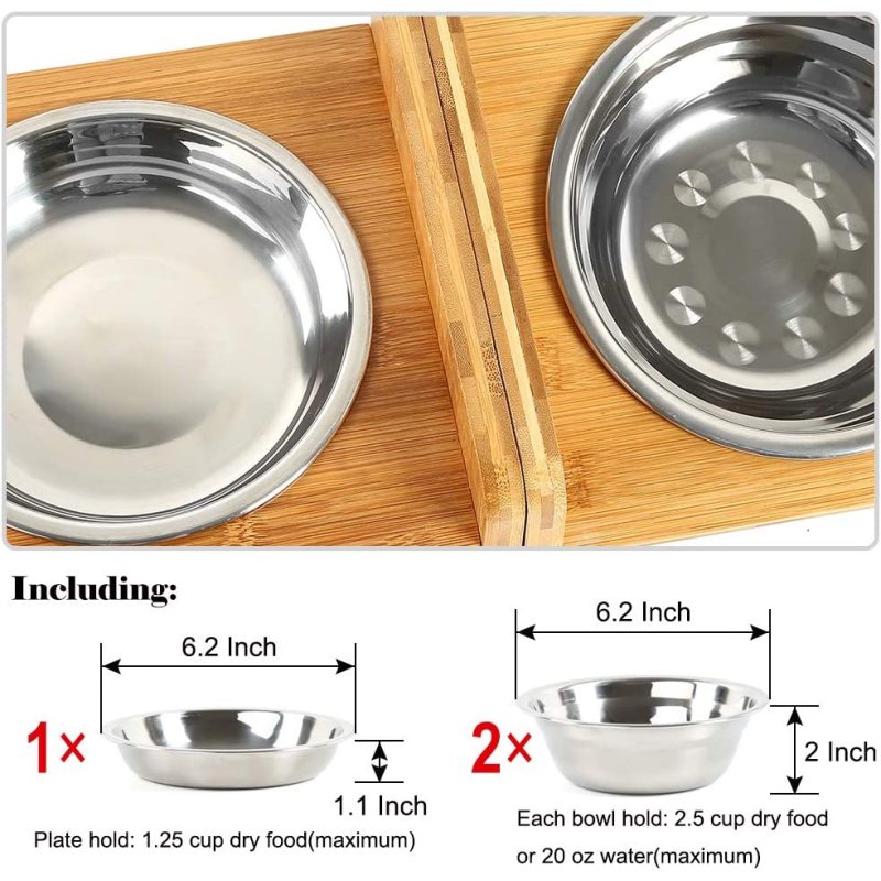 Raised Pet Elevated Bamboo Stainless Steel Bowls for Comfort Feeding