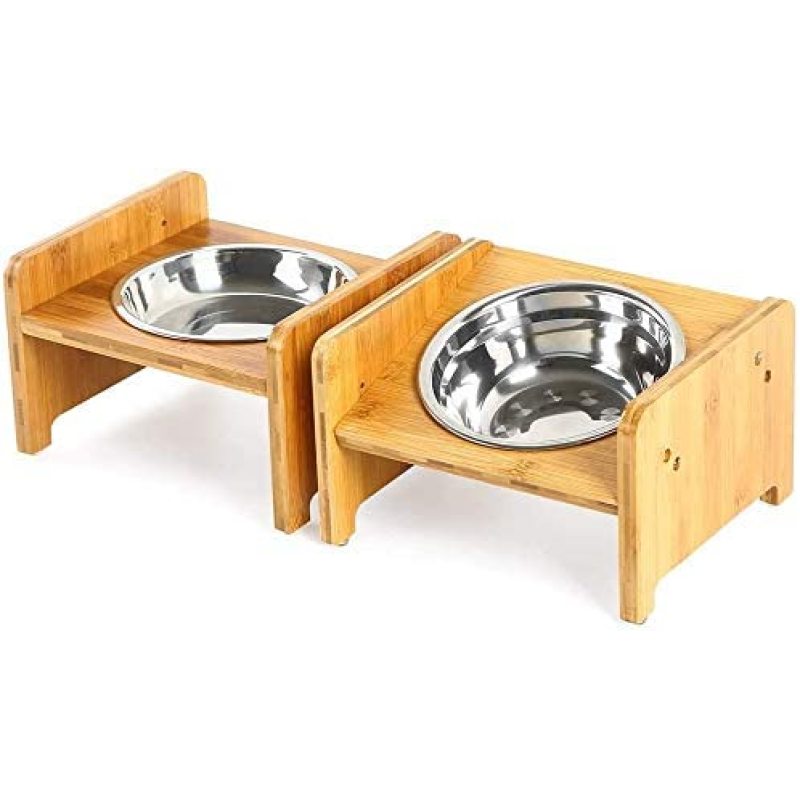 Raised Pet Elevated Bamboo Stainless Steel Bowls for Comfort Feeding