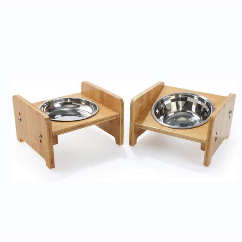 Raised Pet Elevated Bamboo Stainless Steel Bowls for Comfort Feeding