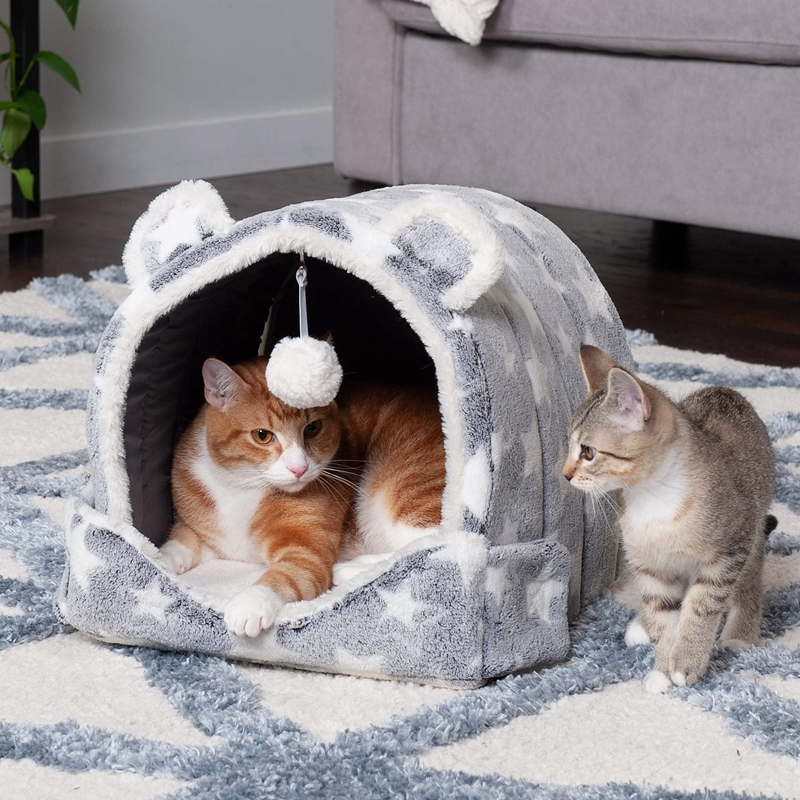 New Foldable Self-Warming Convertible Cuddler Pet Tent Bed Cozy Cave Bear Cat Bed With Plush Ball Toy