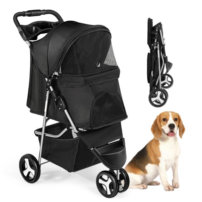 3 Wheels Dog Cat Cage Stroller Folding for Small Medium Dogs Travel Waterproof Puppy Stroller with Cup Holder & Removable Liner