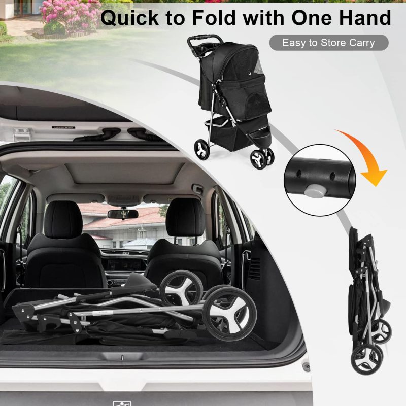 3 Wheels Dog Cat Cage Stroller Folding for Small Medium Dogs Travel Waterproof Puppy Stroller with Cup Holder & Removable Liner