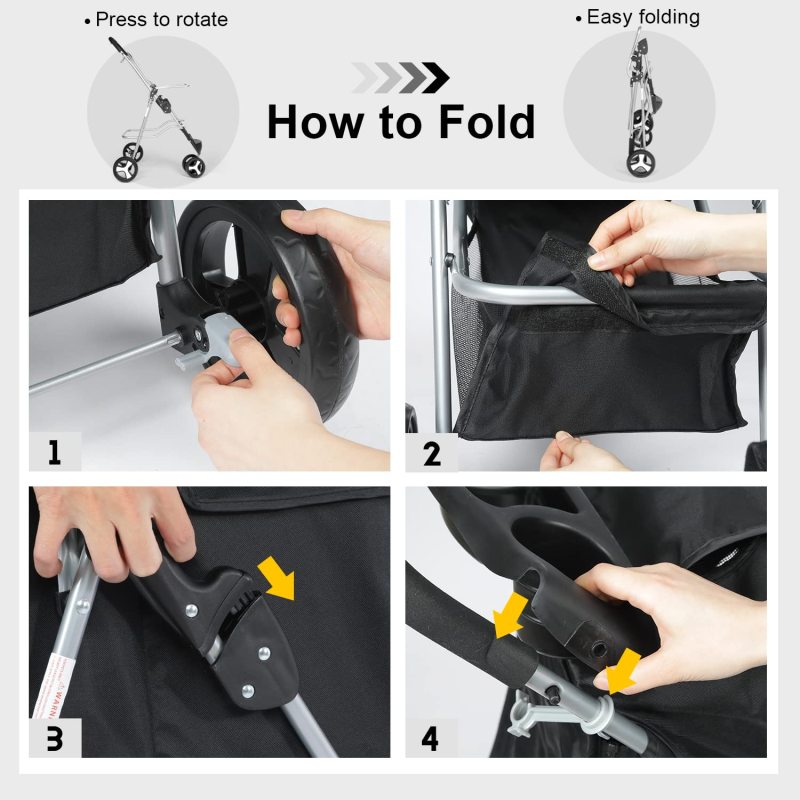 3 Wheels Dog Cat Cage Stroller Folding for Small Medium Dogs Travel Waterproof Puppy Stroller with Cup Holder & Removable Liner