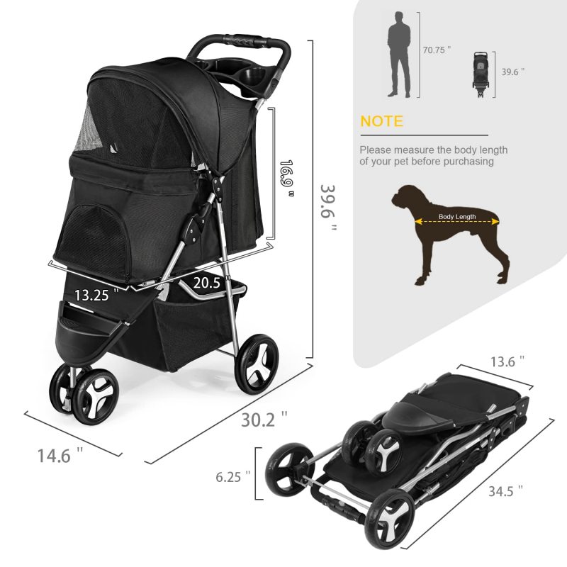 3 Wheels Dog Cat Cage Stroller Folding for Small Medium Dogs Travel Waterproof Puppy Stroller with Cup Holder & Removable Liner