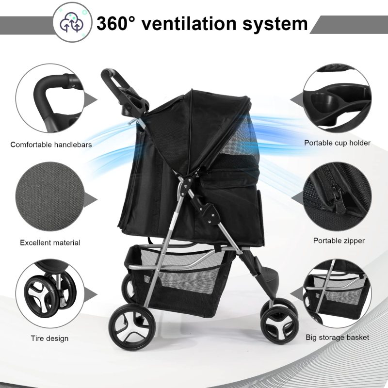 3 Wheels Dog Cat Cage Stroller Folding for Small Medium Dogs Travel Waterproof Puppy Stroller with Cup Holder & Removable Liner