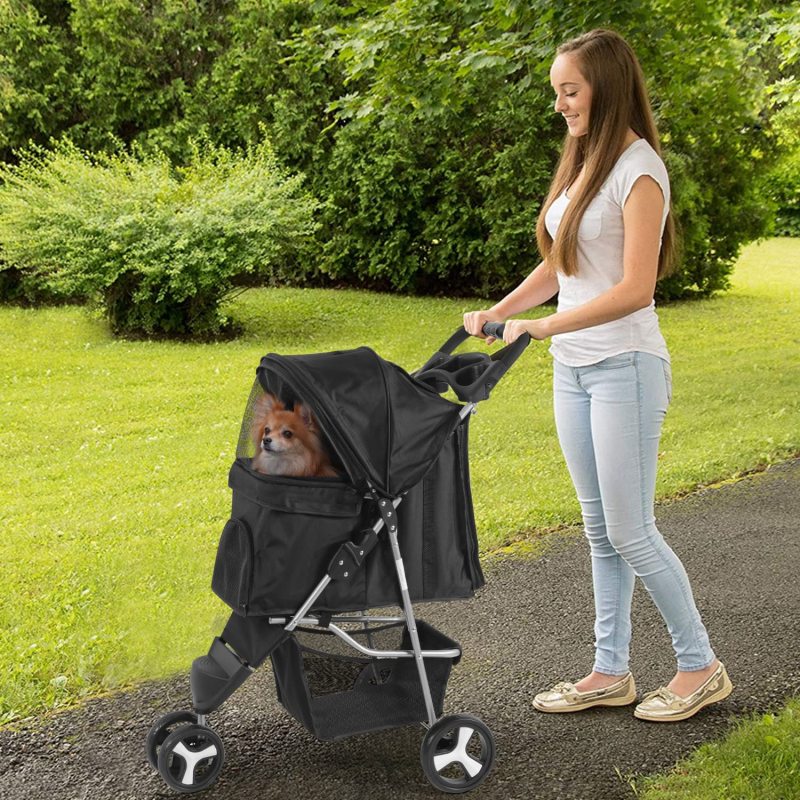 3 Wheels Dog Cat Cage Stroller Folding for Small Medium Dogs Travel Waterproof Puppy Stroller with Cup Holder & Removable Liner