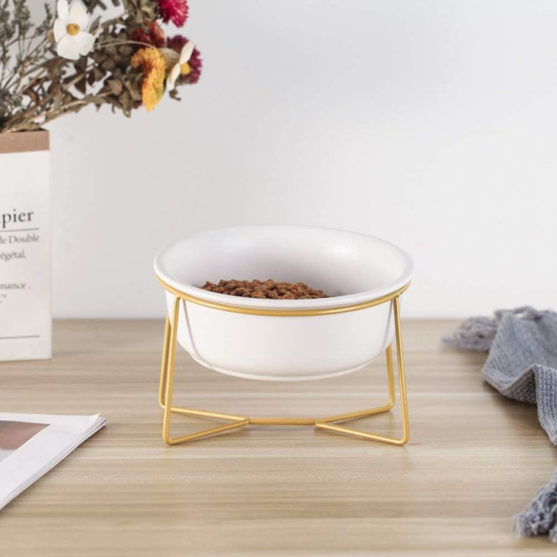 Gold Iron Stand Comfort Feeding Bowls For  Tilted Elevated Cat Dog