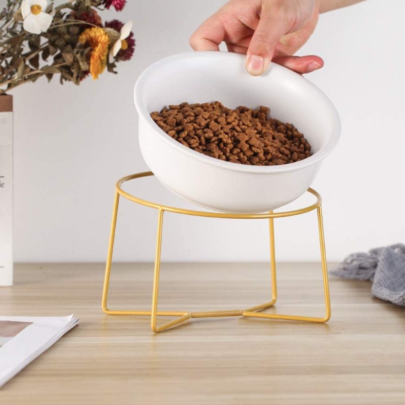 Gold Iron Stand Comfort Feeding Bowls For  Tilted Elevated Cat Dog