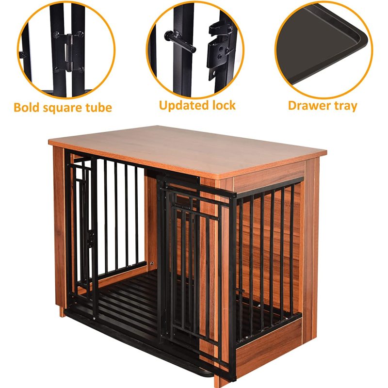 Dog Crate Furniture Walnut Solid Wood Pet  End Table Kennel Indoor Cage with Pull-Out Tray for Small Medium Dogs