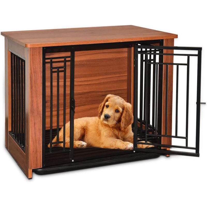 Dog Crate Furniture Walnut Solid Wood Pet  End Table Kennel Indoor Cage with Pull-Out Tray for Small Medium Dogs