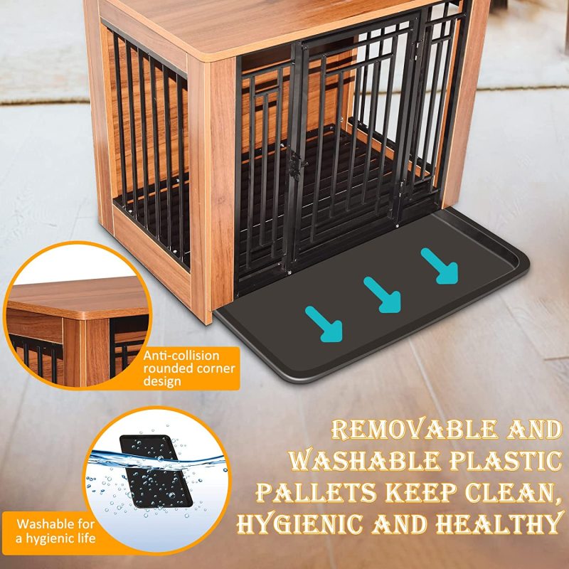 Dog Crate Furniture Walnut Solid Wood Pet  End Table Kennel Indoor Cage with Pull-Out Tray for Small Medium Dogs