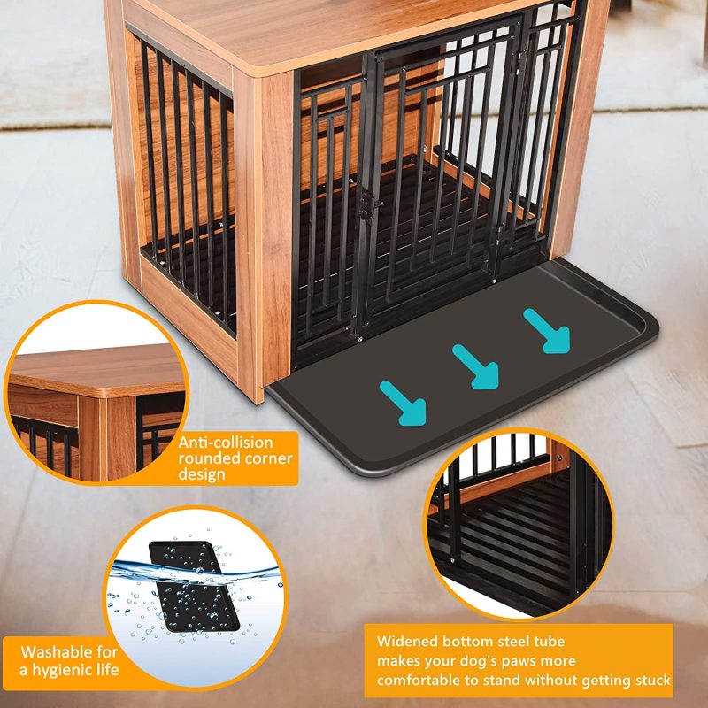 Dog Crate Furniture Walnut Solid Wood Pet  End Table Kennel Indoor Cage with Pull-Out Tray for Small Medium Dogs