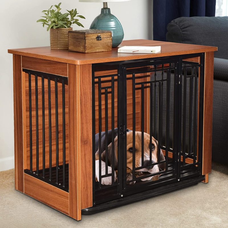 Dog Crate Furniture Walnut Solid Wood Pet  End Table Kennel Indoor Cage with Pull-Out Tray for Small Medium Dogs