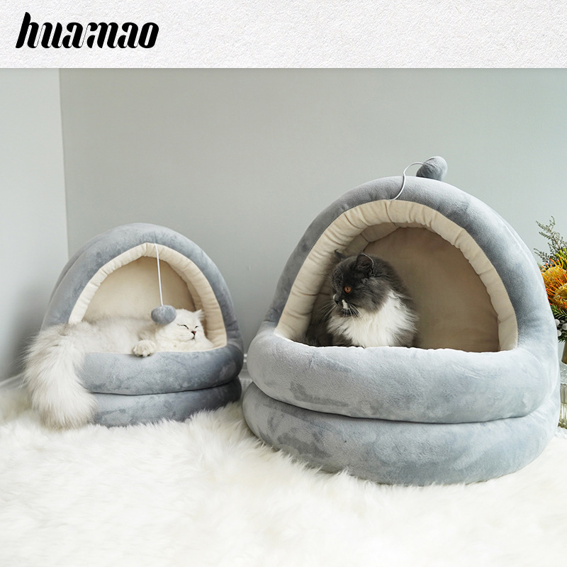 Round Cat Bed Cute and Comfortable Self Warming Plush Calming Cat Bed for Indoor Cats With Treat Balls