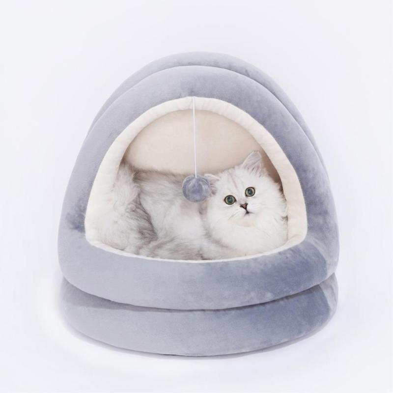 Round Cat Bed Cute and Comfortable Self Warming Plush Calming Cat Bed for Indoor Cats With Treat Balls