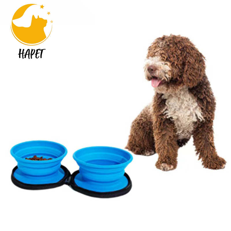 Pet supplies go out portable collapsible dog bowl Water feeding car sewn silicone double bowl