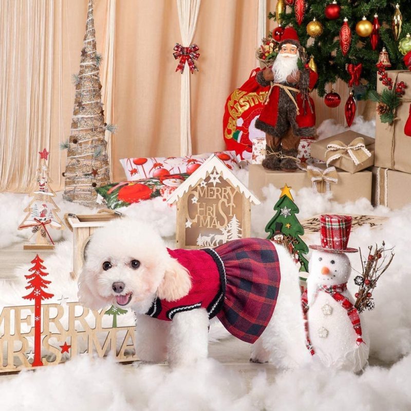 Dog Sweater Dress - Plaid Pattern - Warm Pullover with Leash Hole V-Neck Knitwear Pet Sweater Cat Knitted Dress One-Piece Dress
