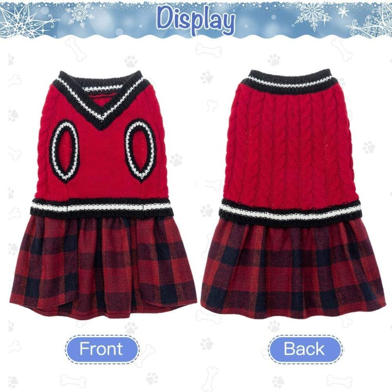 Dog Sweater Dress - Plaid Pattern - Warm Pullover with Leash Hole V-Neck Knitwear Pet Sweater Cat Knitted Dress One-Piece Dress