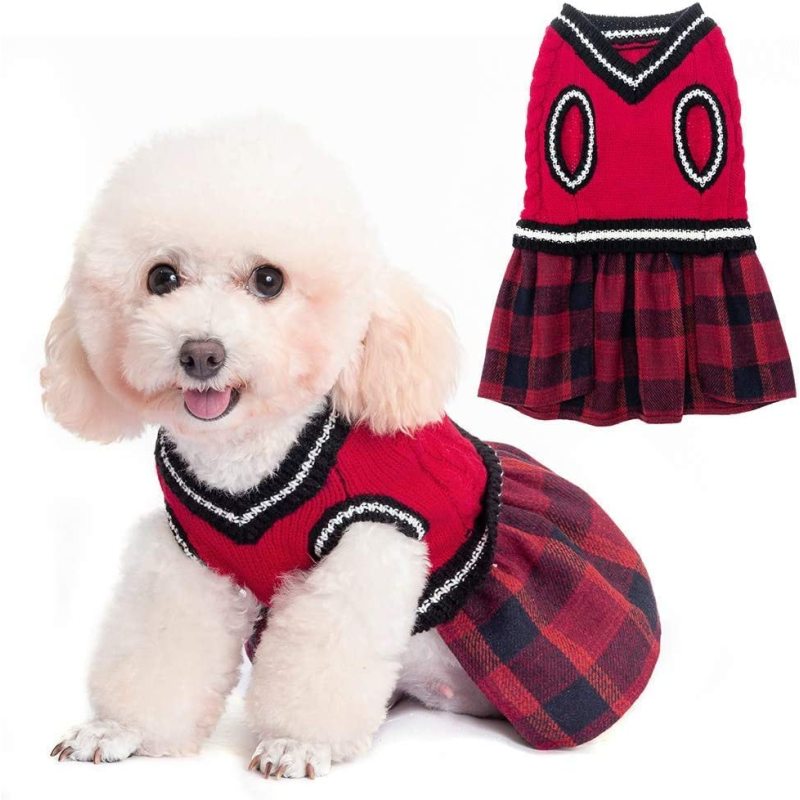 Dog Sweater Dress - Plaid Pattern - Warm Pullover with Leash Hole V-Neck Knitwear Pet Sweater Cat Knitted Dress One-Piece Dress