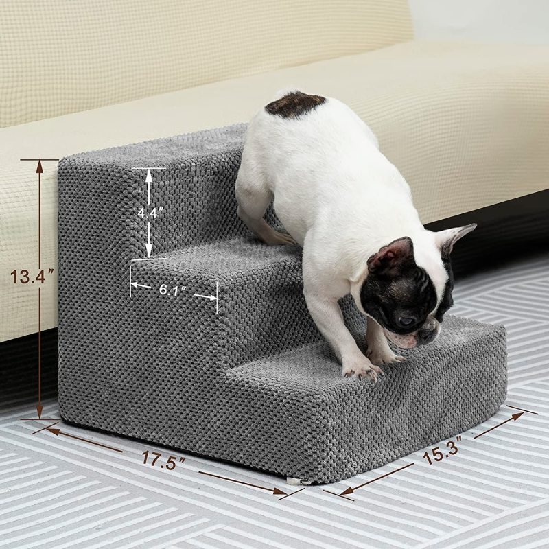 Pet Stairs 3-Step Anti-Slip Rubber Bottom Memory Foam Dog Steps with Removable Washable Cover for Smaller & Elder