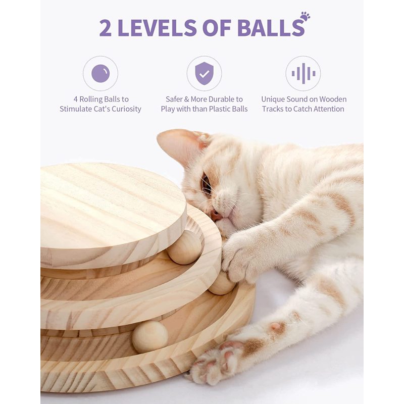 Cat Scratching Post Cat Scratcher Toy Wooden Two-Layer Cat Turntable with Interactive Balls and Dangling Ball