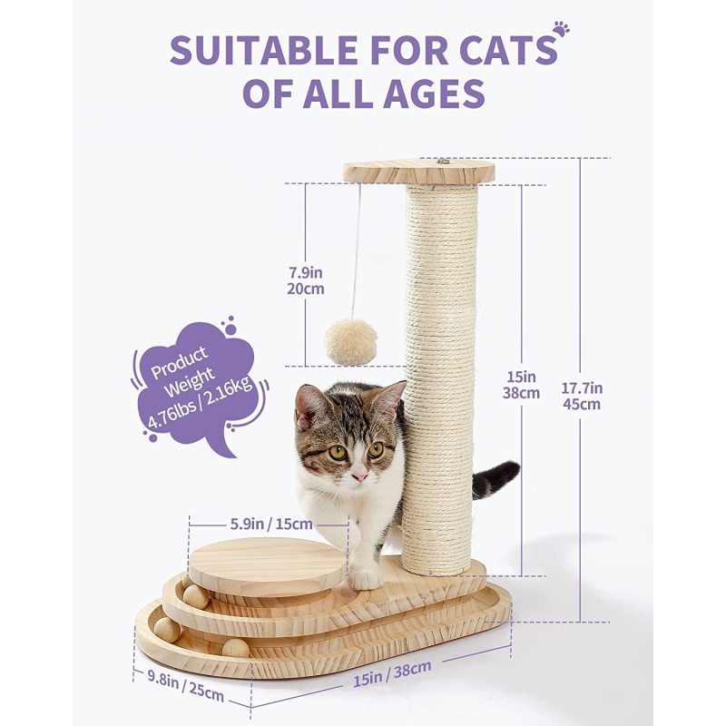 Cat Scratching Post Cat Scratcher Toy Wooden Two-Layer Cat Turntable with Interactive Balls and Dangling Ball