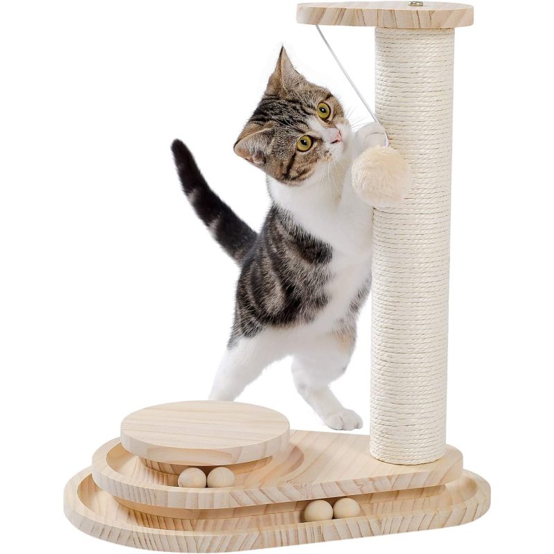 Cat Scratching Post Cat Scratcher Toy Wooden Two-Layer Cat Turntable with Interactive Balls and Dangling Ball