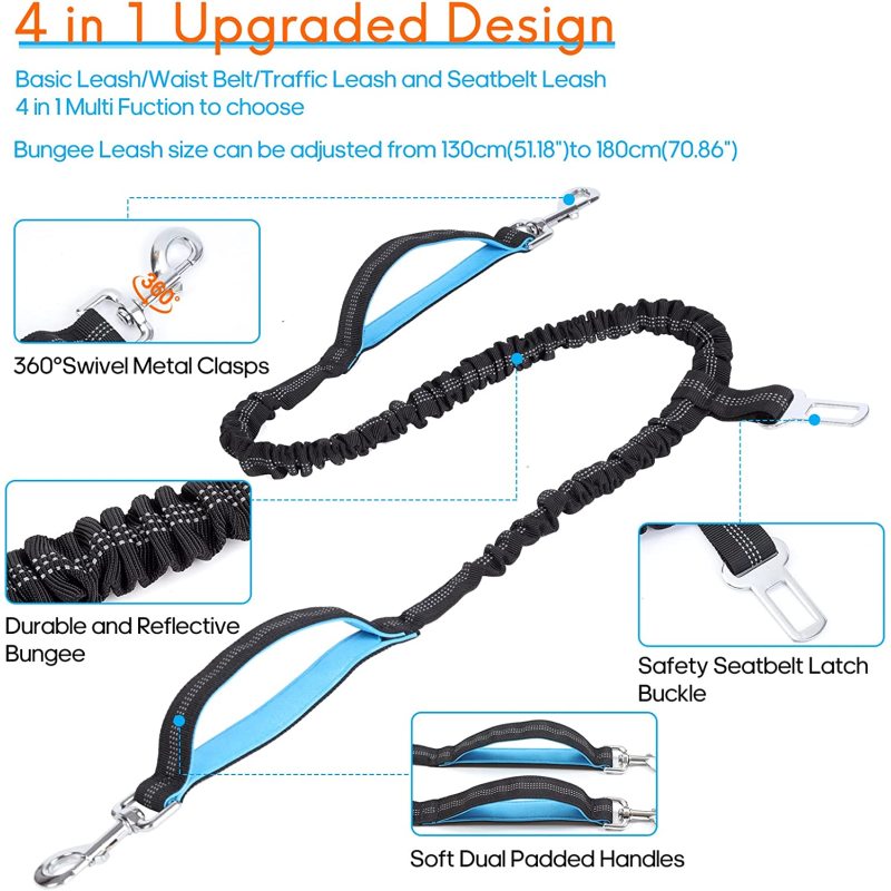 Adjustable Waist Belt Reflective Bungee Leash with Car Seatbelt Buckle and Dual Padded Handles