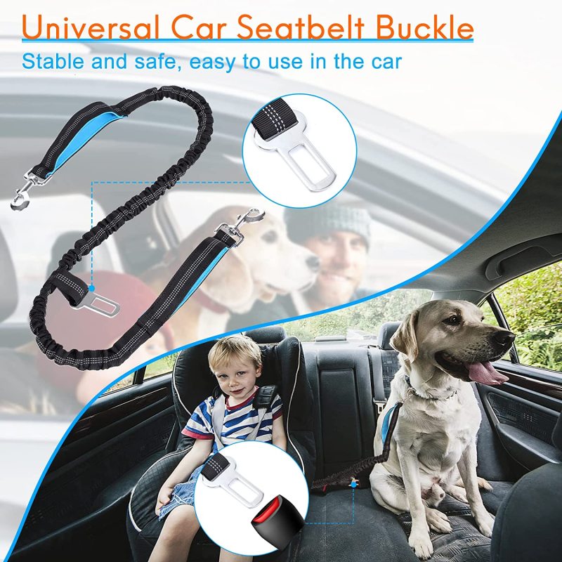 Adjustable Waist Belt Reflective Bungee Leash with Car Seatbelt Buckle and Dual Padded Handles