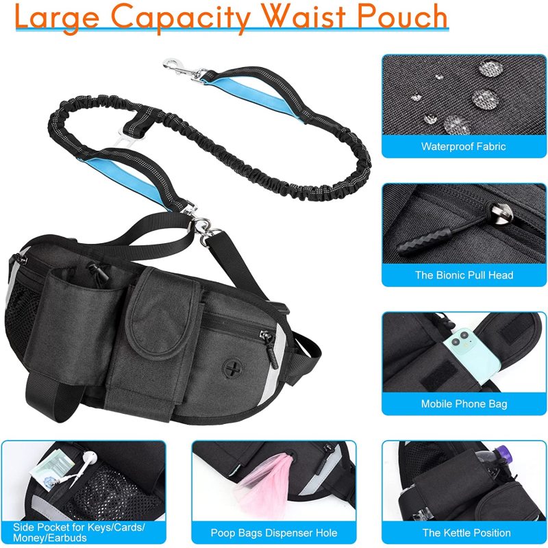 Adjustable Waist Belt Reflective Bungee Leash with Car Seatbelt Buckle and Dual Padded Handles