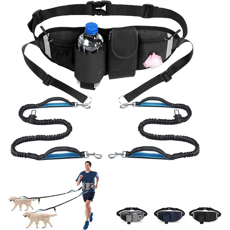 Adjustable Waist Belt Reflective Bungee Leash with Car Seatbelt Buckle and Dual Padded Handles