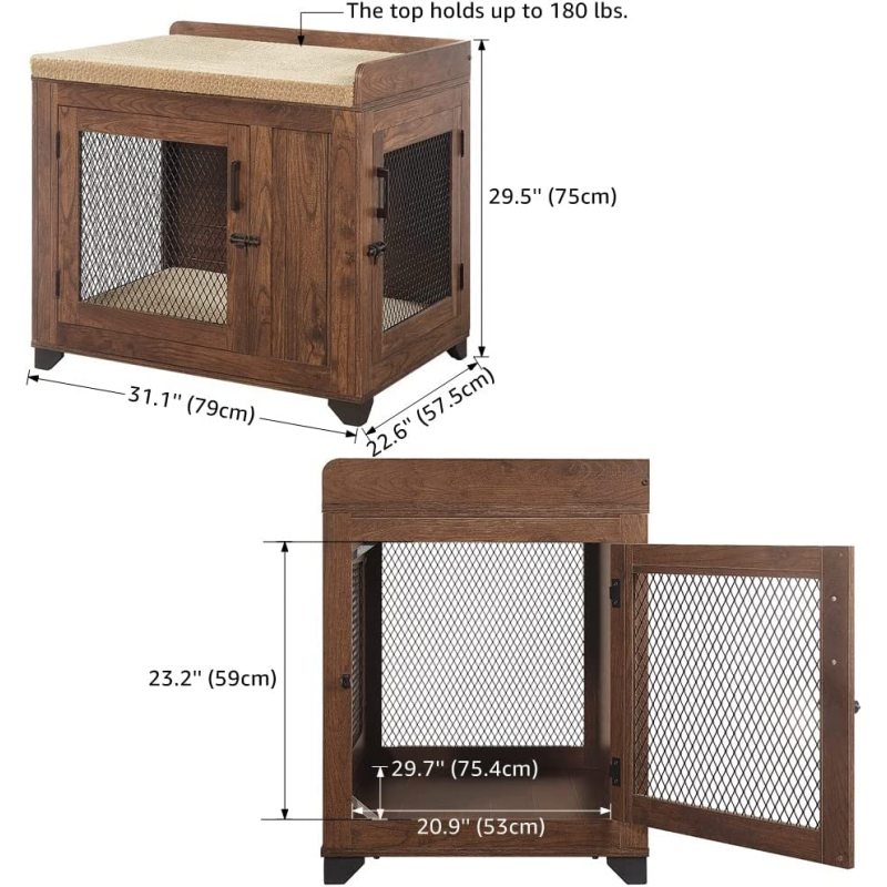 Dog Crate End Table, Dog Window Perch, Mesh Wooden Pet Crate with Double Dog Kennel
