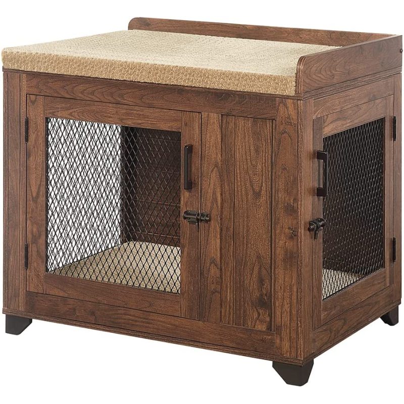 Dog Crate End Table, Dog Window Perch, Mesh Wooden Pet Crate with Double Dog Kennel