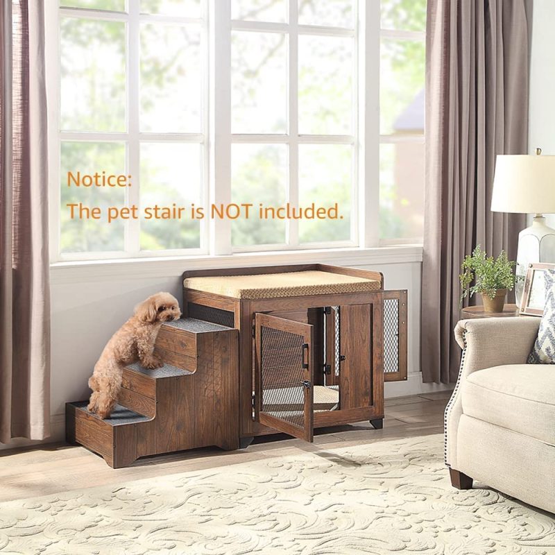Dog Crate End Table, Dog Window Perch, Mesh Wooden Pet Crate with Double Dog Kennel