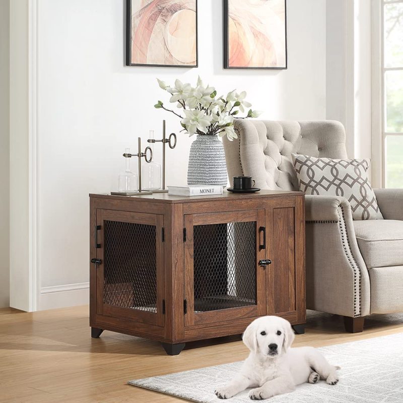 Dog Crate End Table, Dog Window Perch, Mesh Wooden Pet Crate with Double Dog Kennel