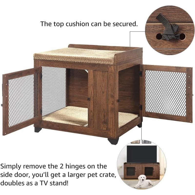 Dog Crate End Table, Dog Window Perch, Mesh Wooden Pet Crate with Double Dog Kennel