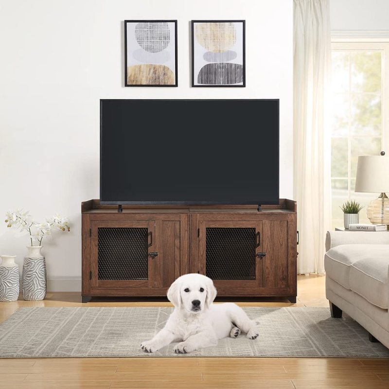 Dog Crate End Table, Dog Window Perch, Mesh Wooden Pet Crate with Double Dog Kennel