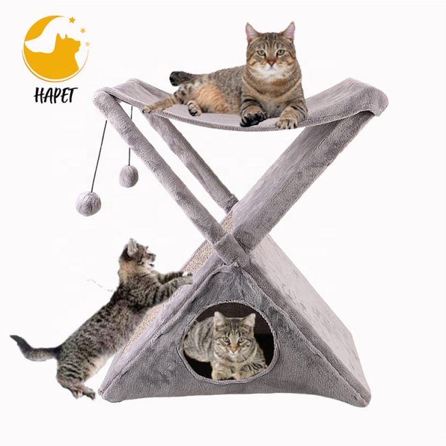 Foldable Cat Tower Tree Plush Folding House with Hammock with Scratching Pad