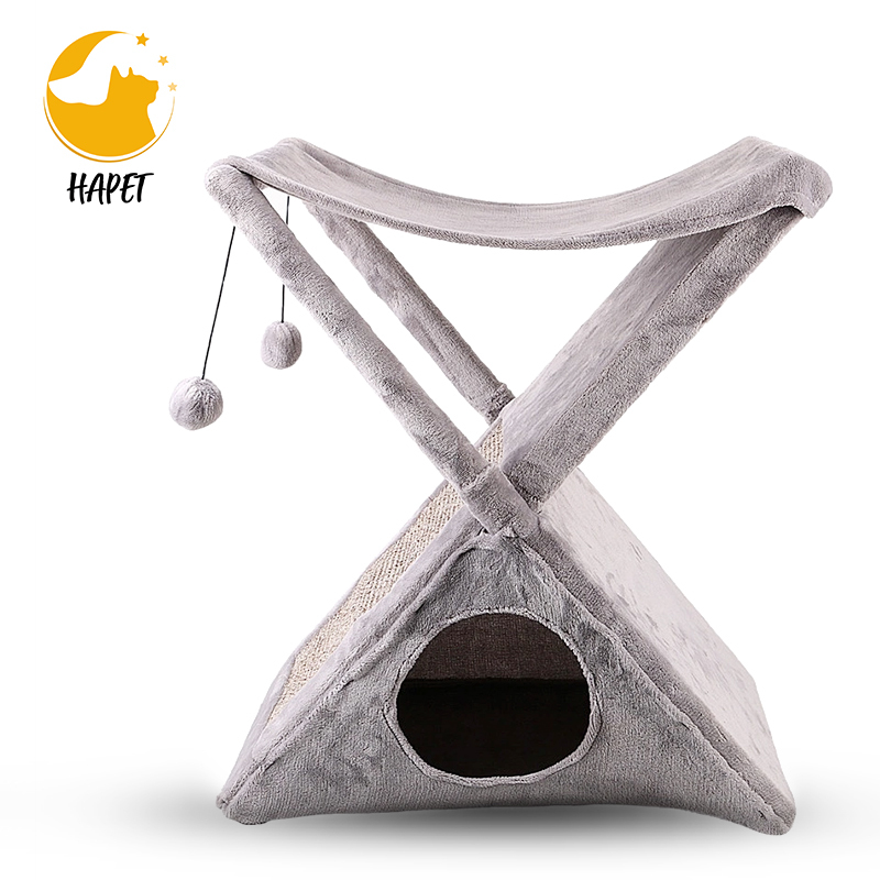 Foldable Cat Tower Tree Plush Folding House with Hammock with Scratching Pad